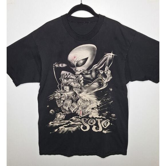 Vintage 1997 Sojo Liquid Blue Fijak T-shirt L Alien Attack Motorcycle Biker UFO - Picture 7 of 7